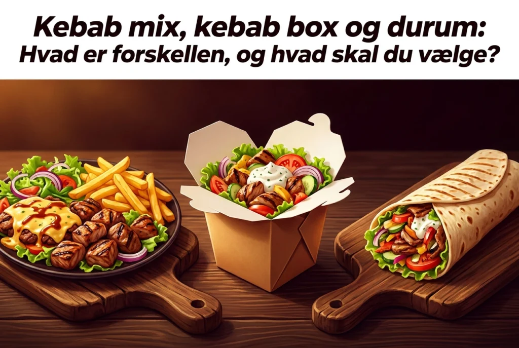 Professional header image for comparison analysis: Kebab mix, kebab box og durum: Hvad er forskellen, og hva...
